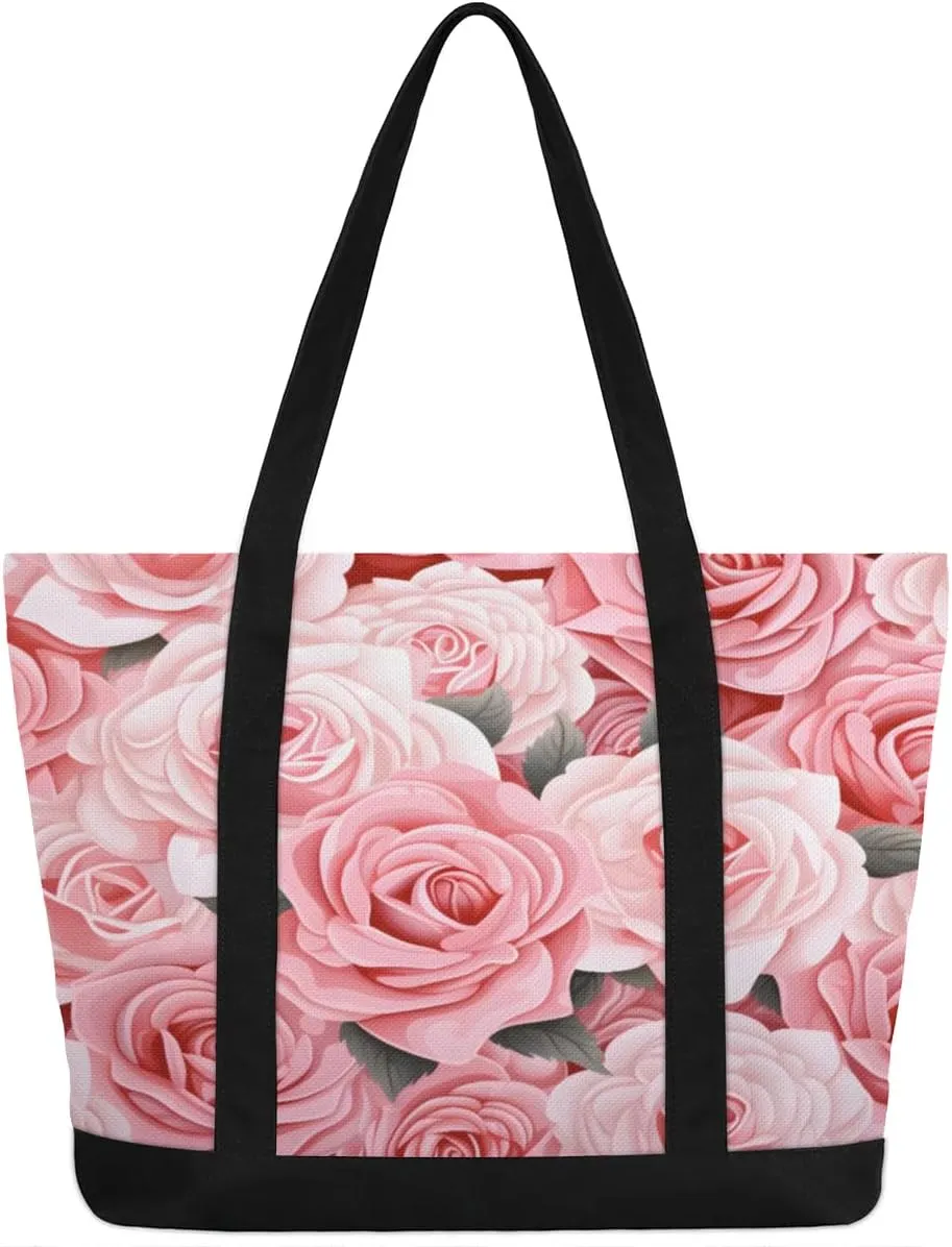 Canvas Tote Bag for Women Flower Reusable Grocery Shopping Bag with Zipper Women Gift