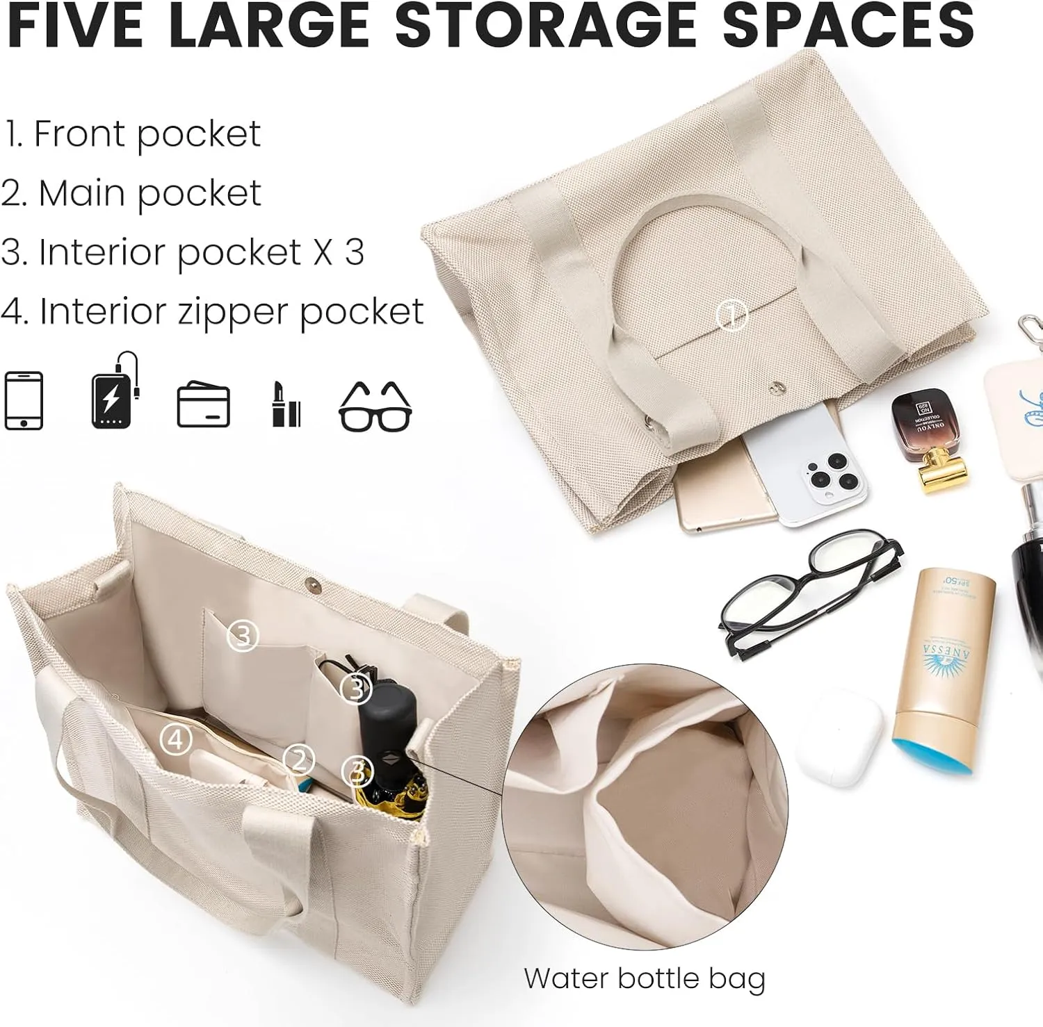 Canvas Tote Bag for Women with Pockets Bag