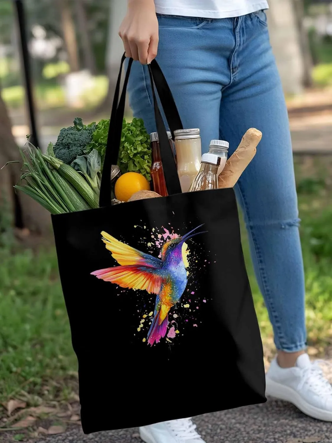 Canvas Tote Bag Hummingbird Bird Reusable Grocery Shopping Bags with Handle, Color Wing Large Canvas