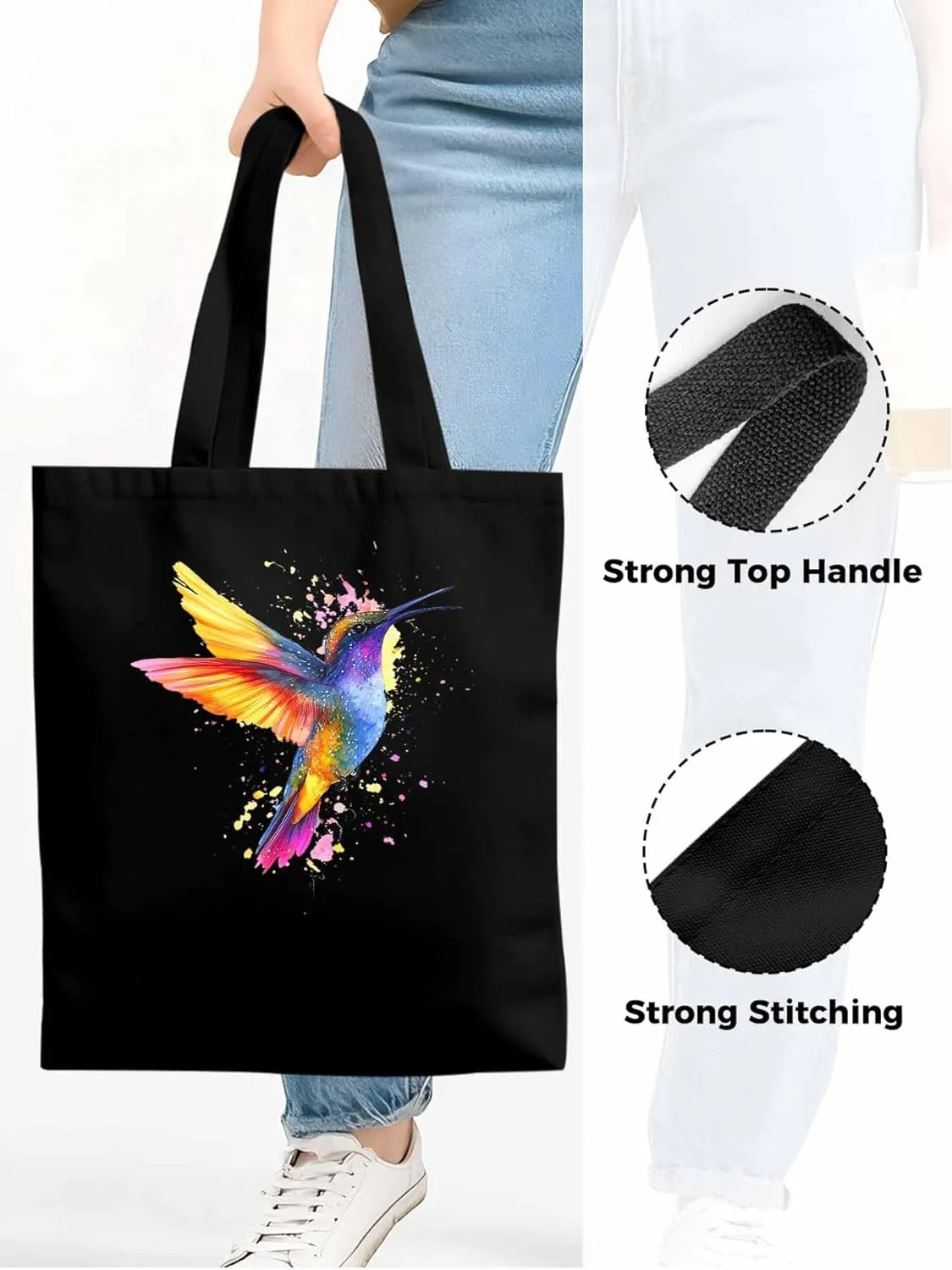 Canvas Tote Bag Hummingbird Bird Reusable Grocery Shopping Bags with Handle, Color Wing Large Canvas