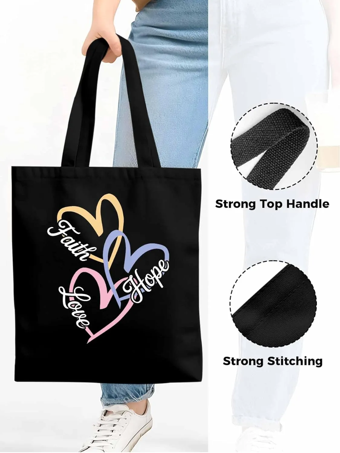 Canvas Tote Bag Love Fauth Home Reusable Grocery Shopping Bags with Handle, Colorful Heart Large Canvas