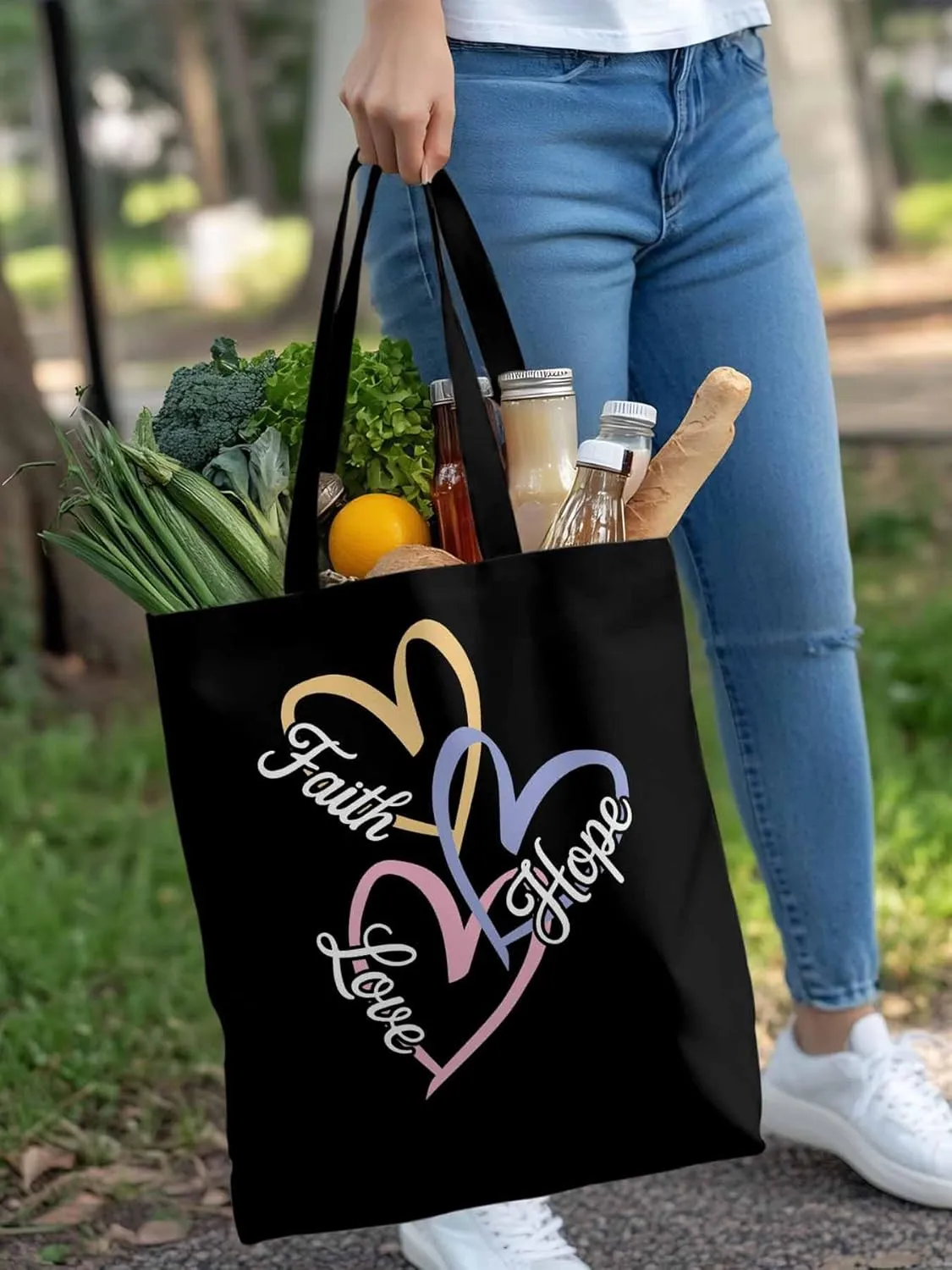 Canvas Tote Bag Love Fauth Home Reusable Grocery Shopping Bags with Handle, Colorful Heart Large Canvas