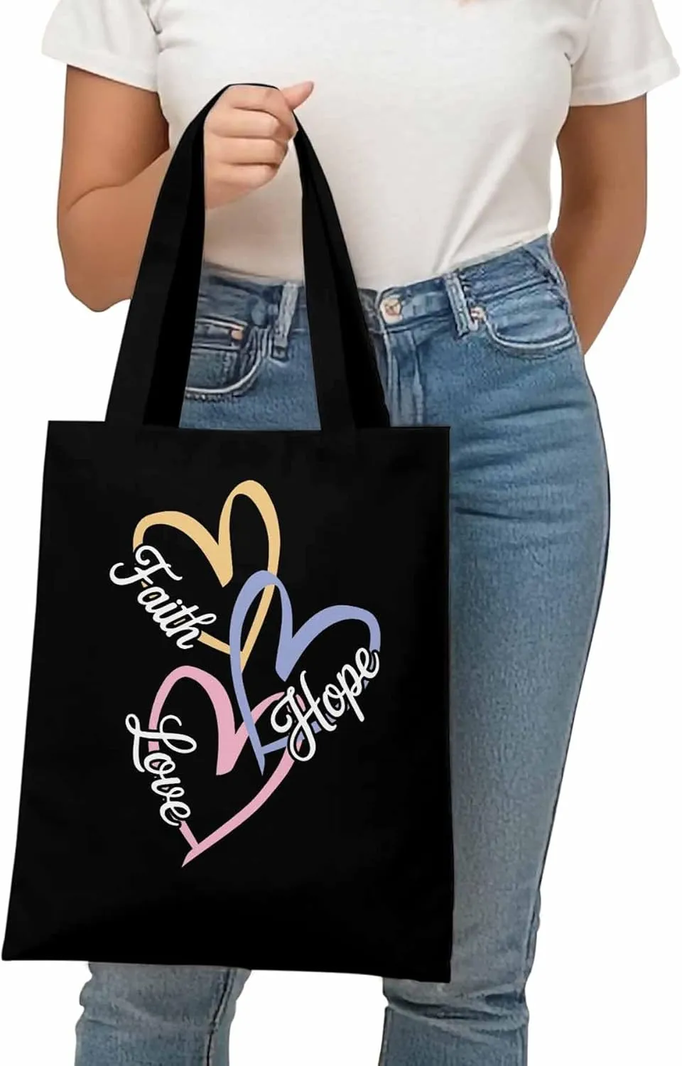 Canvas Tote Bag Love Fauth Home Reusable Grocery Shopping Bags with Handle, Colorful Heart Large Canvas