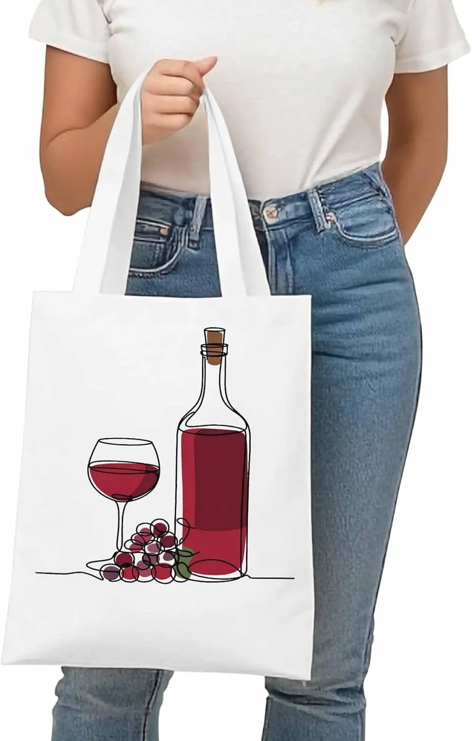 Canvas Tote Bag Red Wine Grapes Reusable Grocery Shopping Bags with Handle, Line Minimalist Art Large Canvas