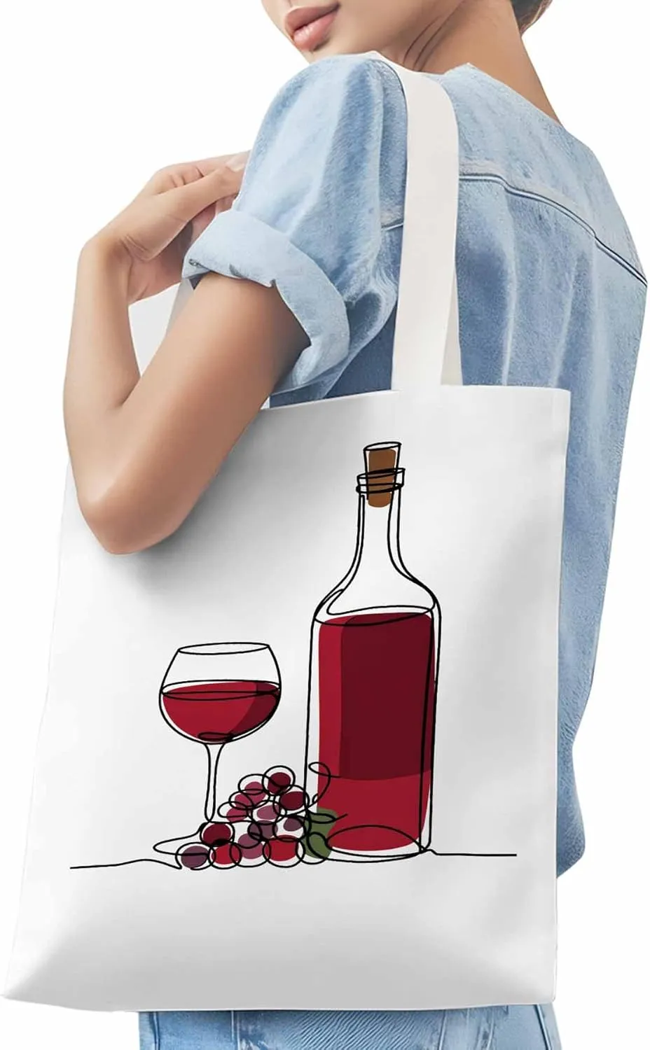Canvas Tote Bag Red Wine Grapes Reusable Grocery Shopping Bags with Handle, Line Minimalist Art Large Canvas