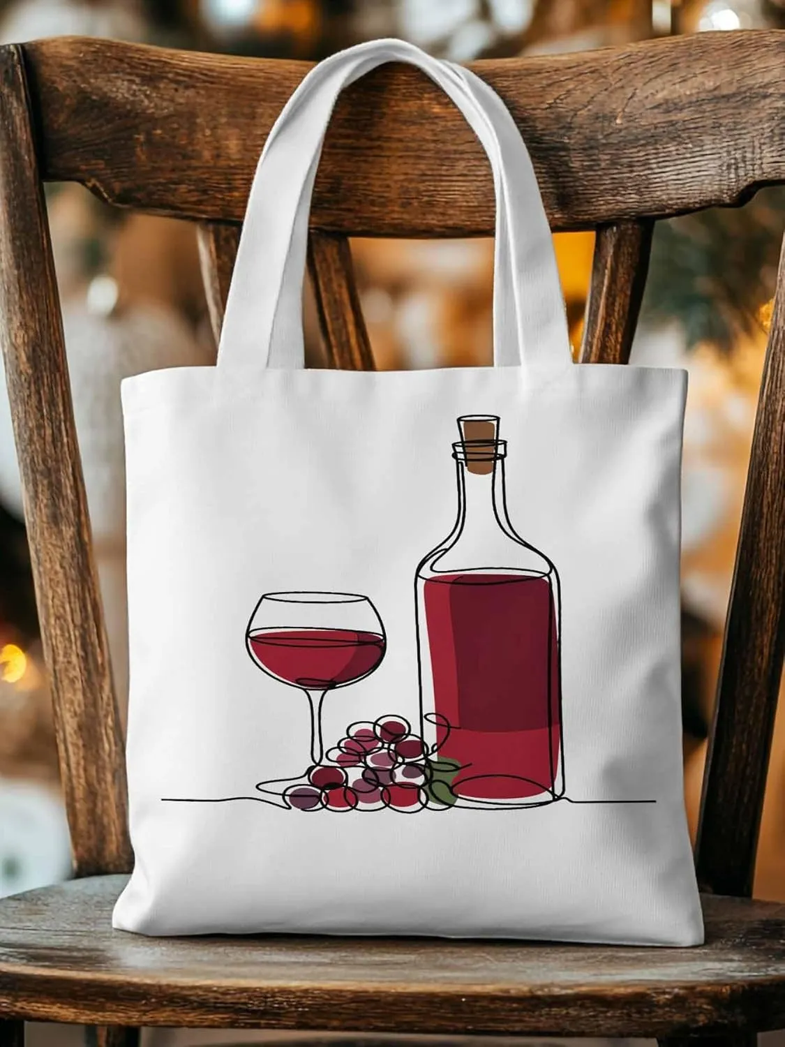 Canvas Tote Bag Red Wine Grapes Reusable Grocery Shopping Bags with Handle, Line Minimalist Art Large Canvas