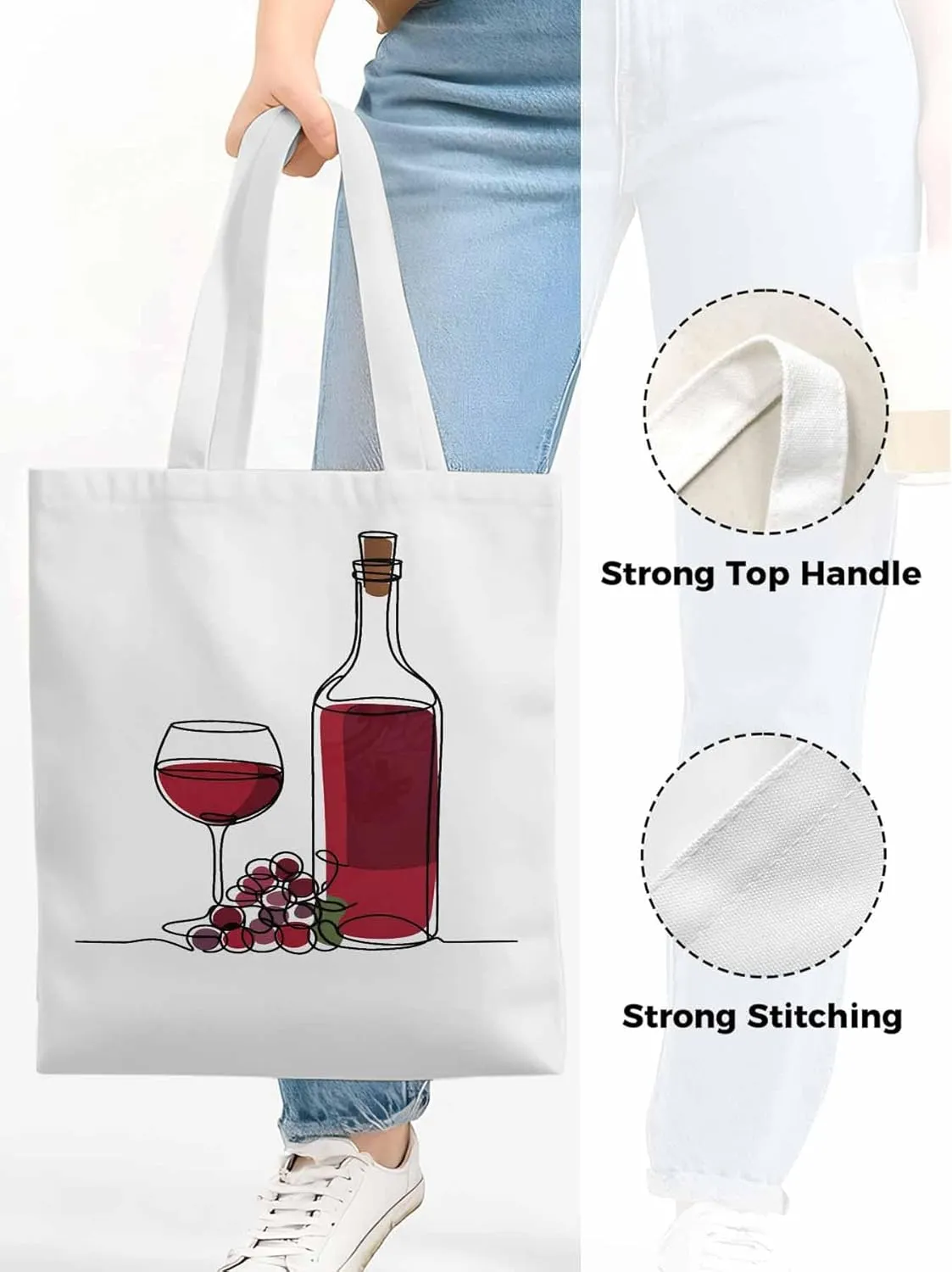 Canvas Tote Bag Red Wine Grapes Reusable Grocery Shopping Bags with Handle, Line Minimalist Art Large Canvas