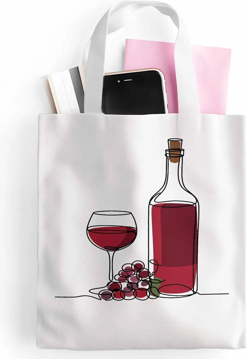 Canvas Tote Bag Red Wine Grapes Reusable Grocery Shopping Bags with Handle, Line Minimalist Art Large Canvas