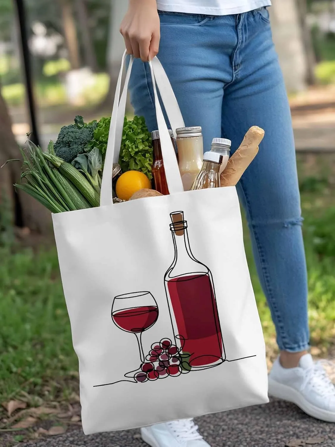 Canvas Tote Bag Red Wine Grapes Reusable Grocery Shopping Bags with Handle, Line Minimalist Art Large Canvas