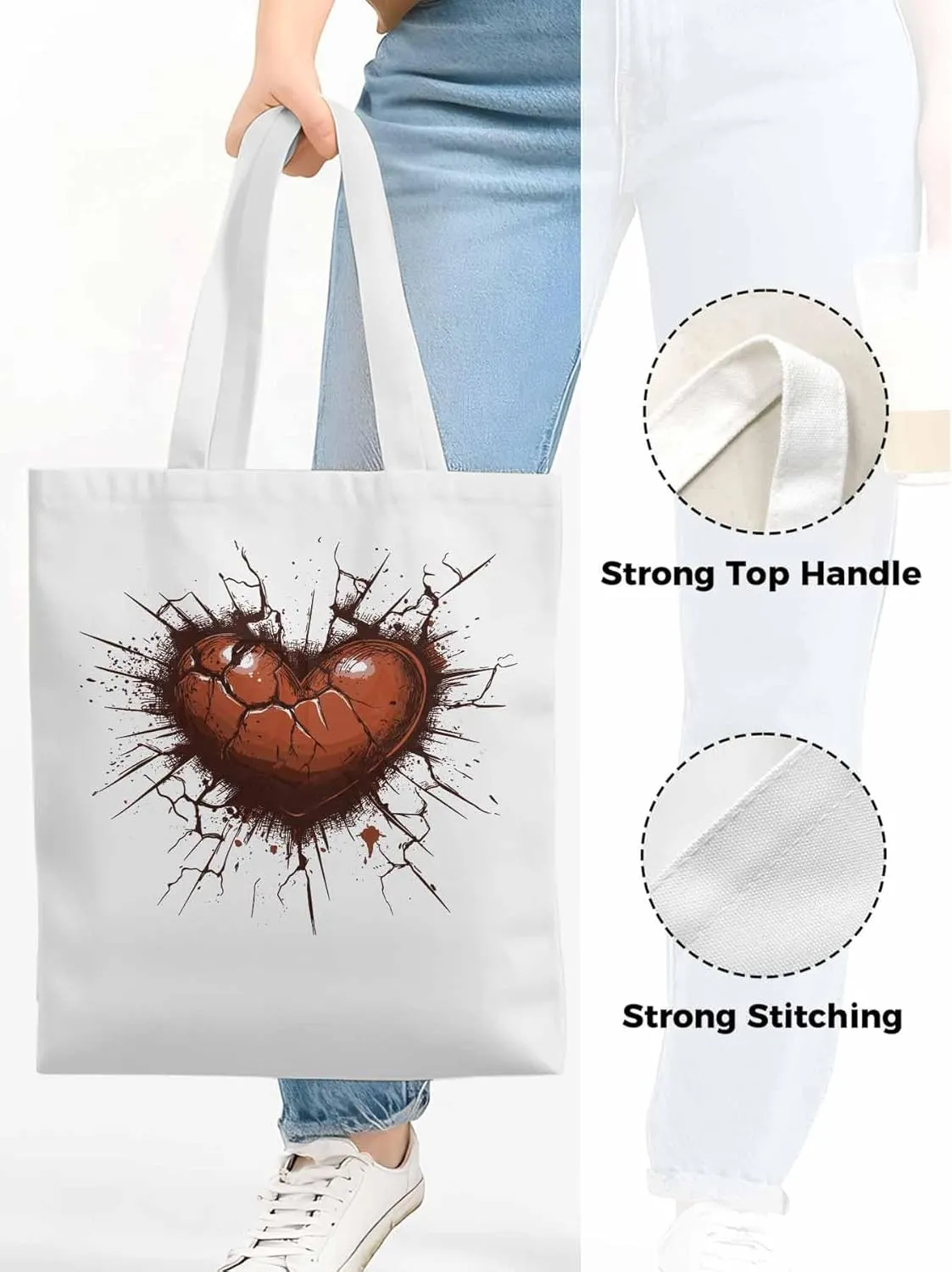 Canvas Tote Bag, Valentine's Day Love Heart Crack Aesthetic Canvas Tote Handbags for Women Shoulder Bag