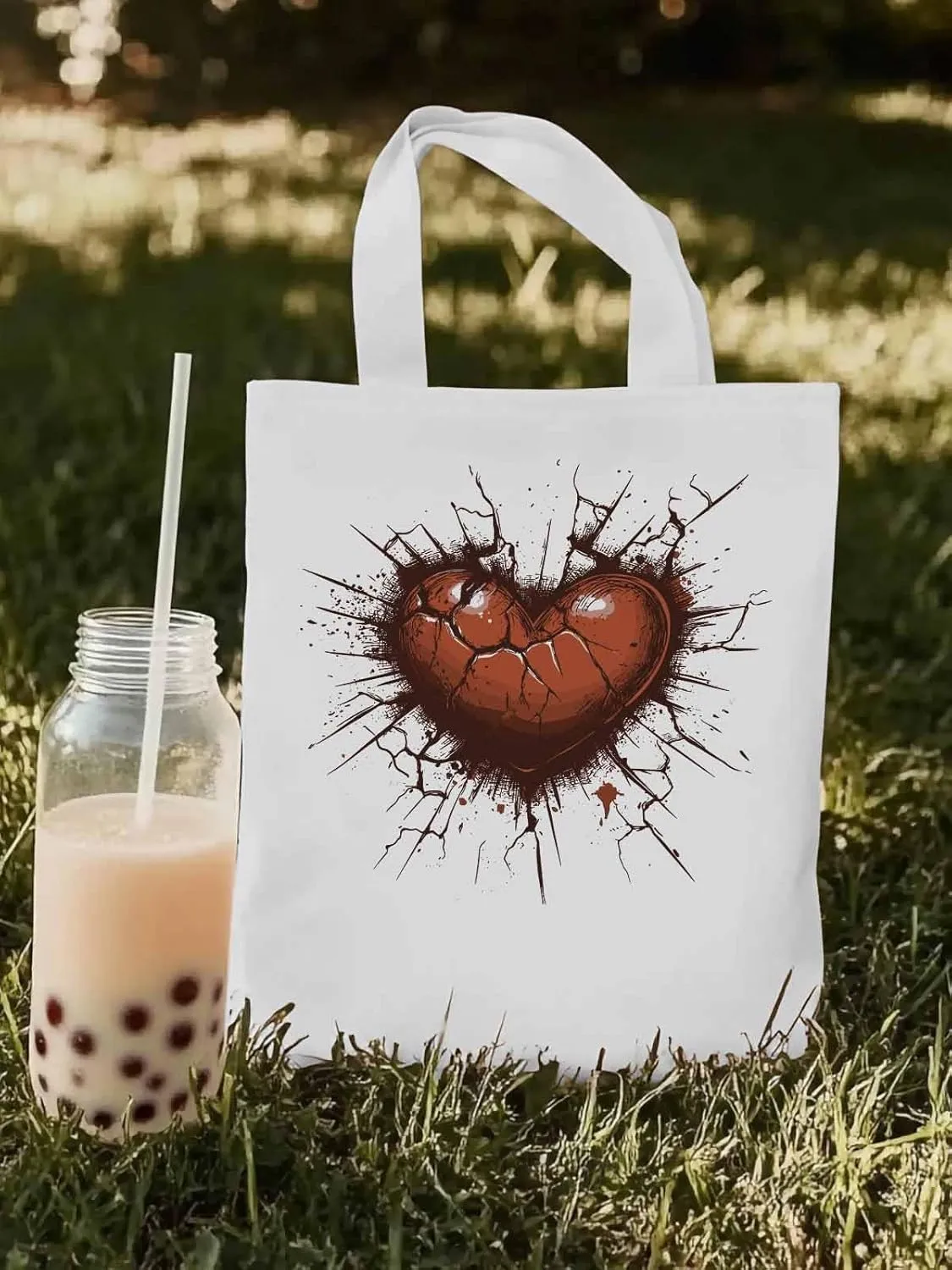 Canvas Tote Bag, Valentine's Day Love Heart Crack Aesthetic Canvas Tote Handbags for Women Shoulder Bag