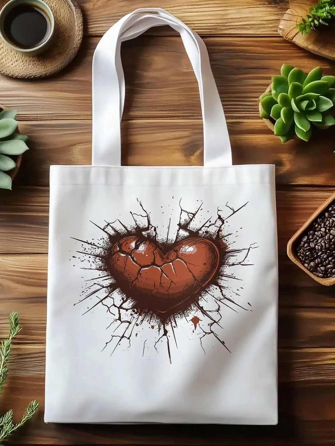 Canvas Tote Bag, Valentine's Day Love Heart Crack Aesthetic Canvas Tote Handbags for Women Shoulder Bag