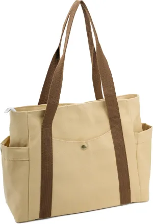 Canvas Tote Bag with Zipper, Multiple Pockets for Daily Essentials, Travel, Work