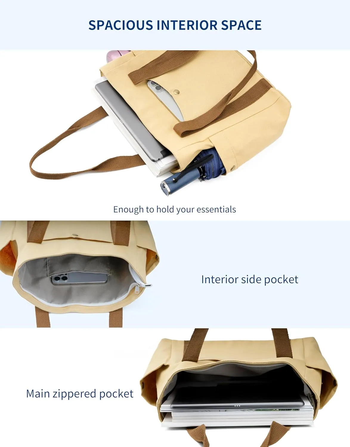 Canvas Tote Bag with Zipper, Multiple Pockets for Daily Essentials, Travel, Work