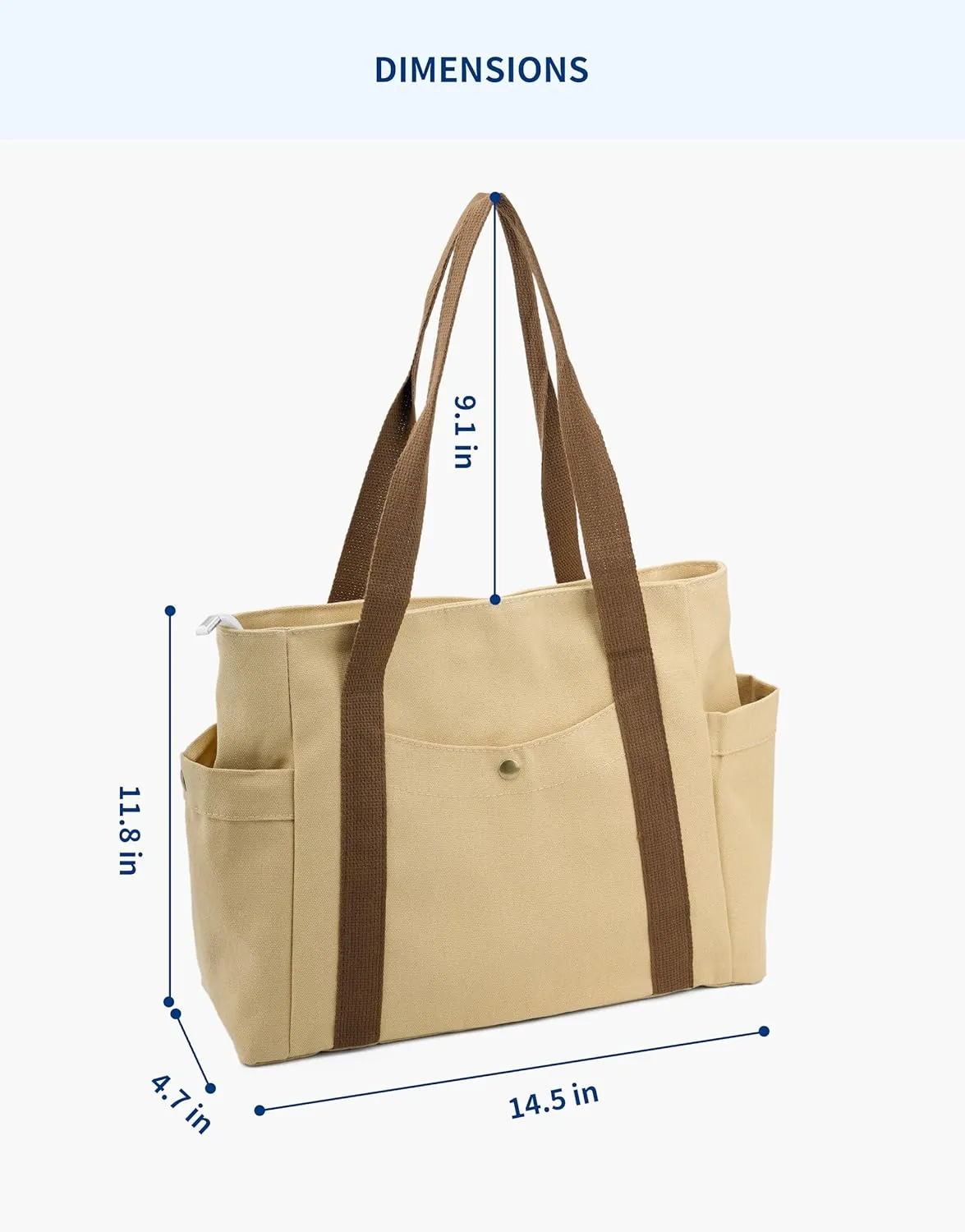 Canvas Tote Bag with Zipper, Multiple Pockets for Daily Essentials, Travel, Work
