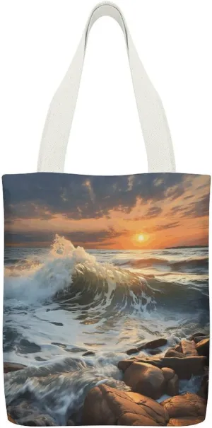 Canvas Tote Bags Rocky Wave Sunset Print Reusable Grocery Bag Lightweight Shopping Handbag with Internal Pocket Double-sided Pattern