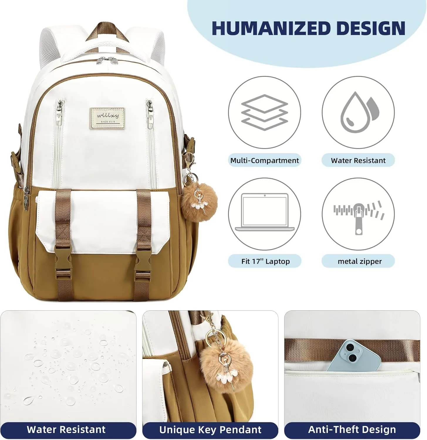 Caoroky knight Travel Laptop Backpack for Women Girls Elementary High School Bag College Backpacks Waterproof Daypack Large Bookbags Purse for Teens Students Computer Bags 15.6 Inch-Brown