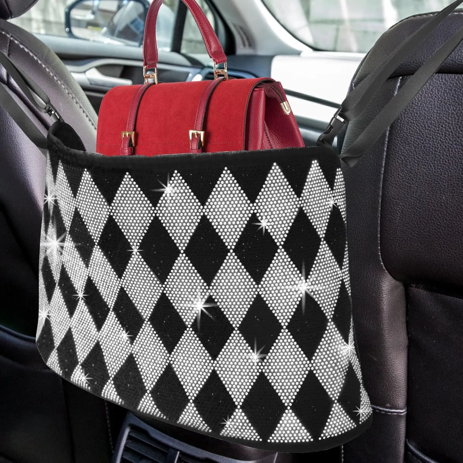 Car Handbag Holder Between Seats Bling Car Net Pocket Organizer Bags, Tissue, Pocketbooks Convenience while Driving Space Saving Sparkly Purse Holder Car Front Seat, Black White (CHH1)