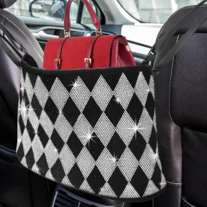 Car Handbag Holder Between Seats Bling Car Net Pocket Organizer Bags, Tissue, Pocketbooks Convenience while Driving Space Saving Sparkly Purse Holder Car Front Seat, Black White (CHH1)