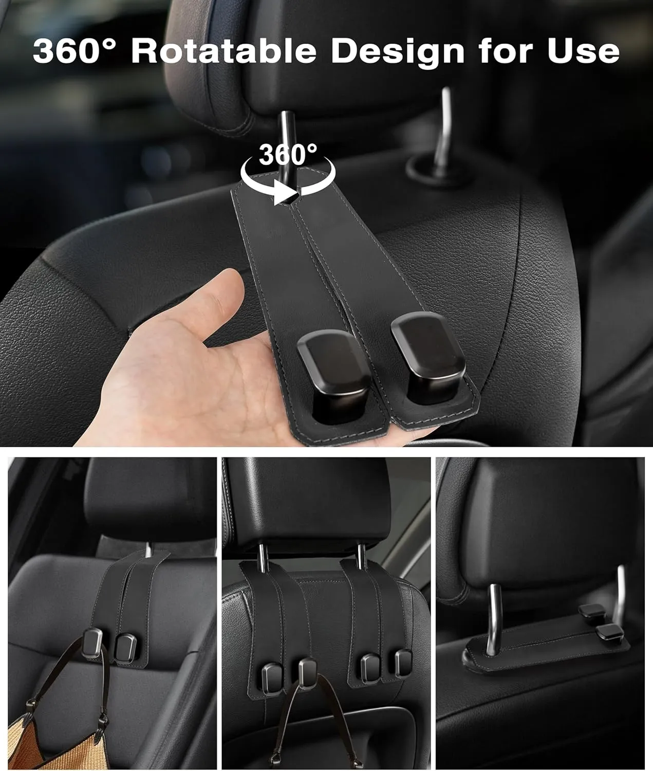 Car Hooks for Headrest, 2Pcs Seat Back Storage Hook Luxurious Leather 100% Metal Multifunctional Car Hanger & Holder for Heatrest, Seat, Bag, Purse (Black)
