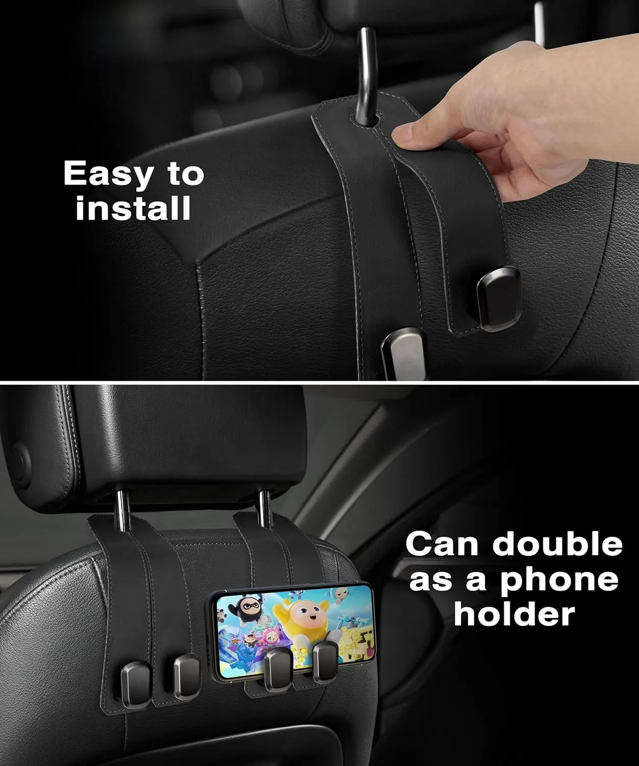 Car Hooks for Headrest, 2Pcs Seat Back Storage Hook Luxurious Leather 100% Metal Multifunctional Car Hanger & Holder for Heatrest, Seat, Bag, Purse (Black)