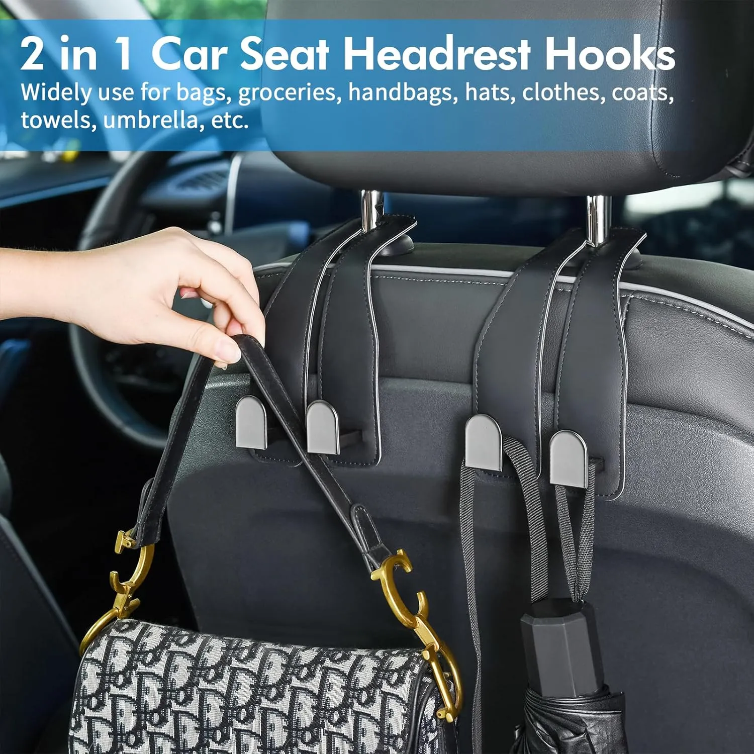 Car Hooks for Headrest, Leather Car Seat Back Storage Organizer Interior Accessories, Auto Seat Hook Hangers for Purse Umbrellas Handbag Clothes Coats Grocery Bags (Black-4 Pack)