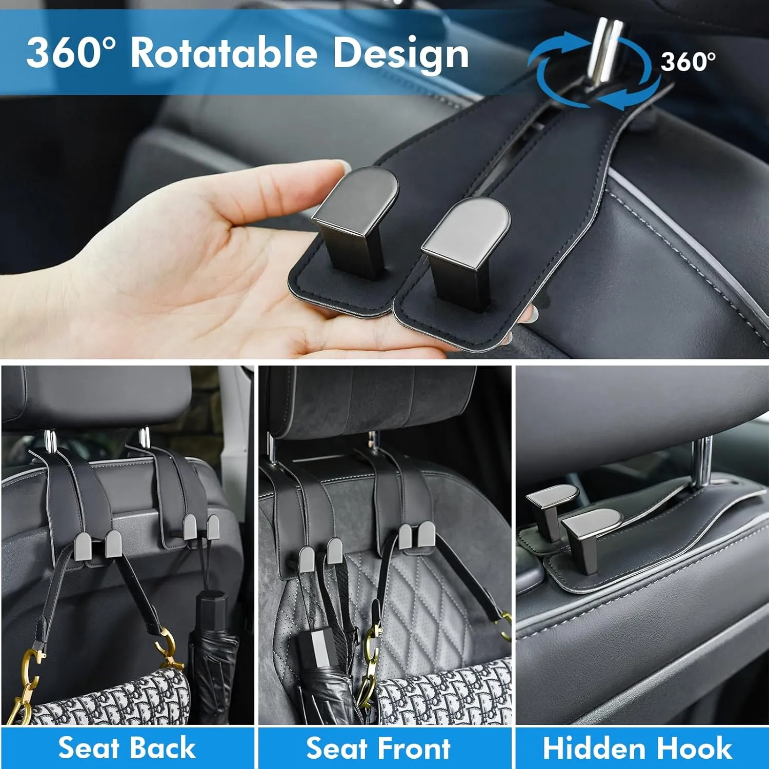 Car Hooks for Headrest, Leather Car Seat Back Storage Organizer Interior Accessories, Auto Seat Hook Hangers for Purse Umbrellas Handbag Clothes Coats Grocery Bags (Black-4 Pack)