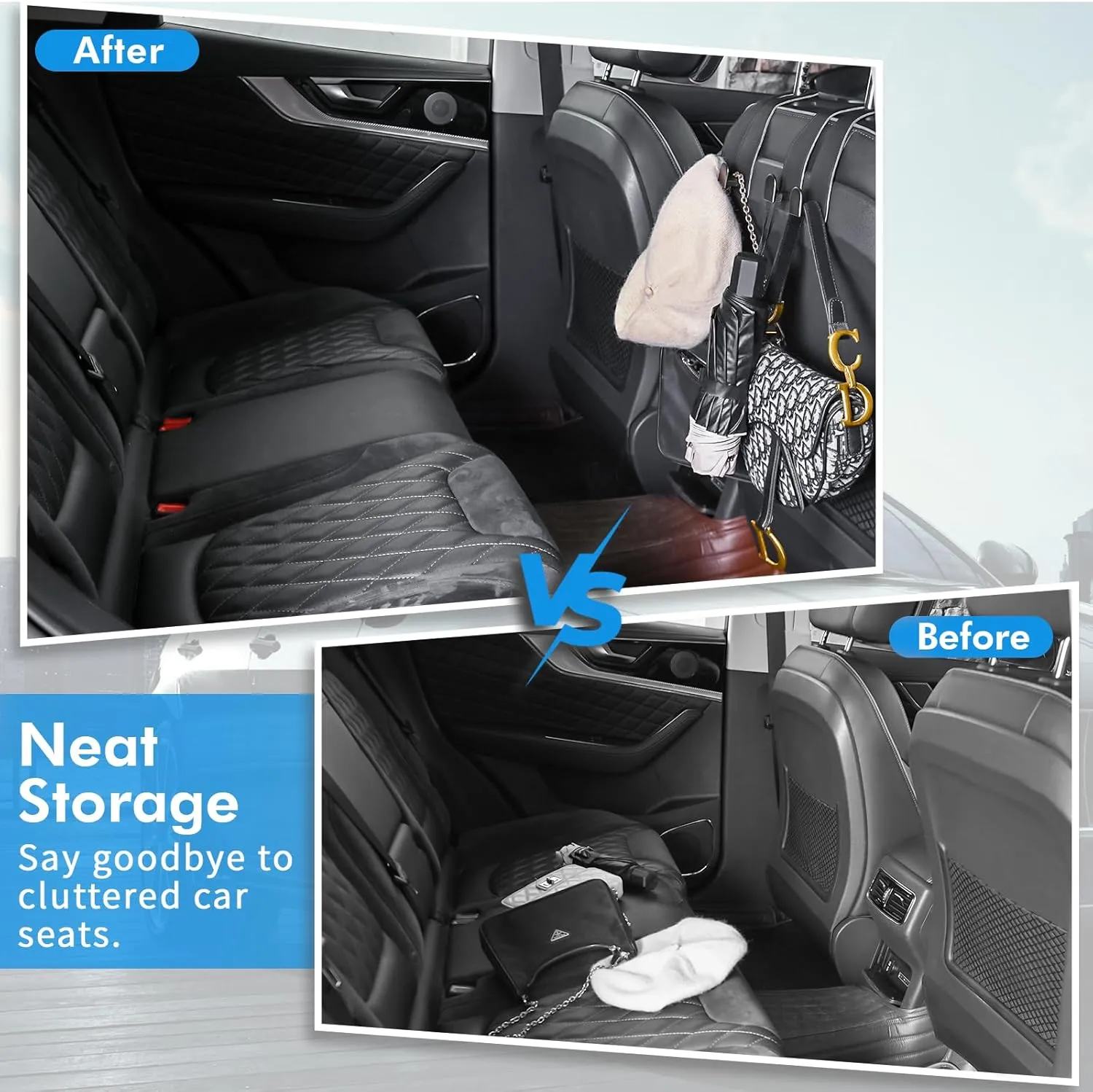 Car Hooks for Headrest, Leather Car Seat Back Storage Organizer Interior Accessories, Auto Seat Hook Hangers for Purse Umbrellas Handbag Clothes Coats Grocery Bags (Black-4 Pack)