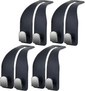 Car Hooks for Headrest, Leather Car Seat Back Storage Organizer Interior Accessories, Auto Seat Hook Hangers for Purse Umbrellas Handbag Clothes Coats Grocery Bags (Black-4 Pack)