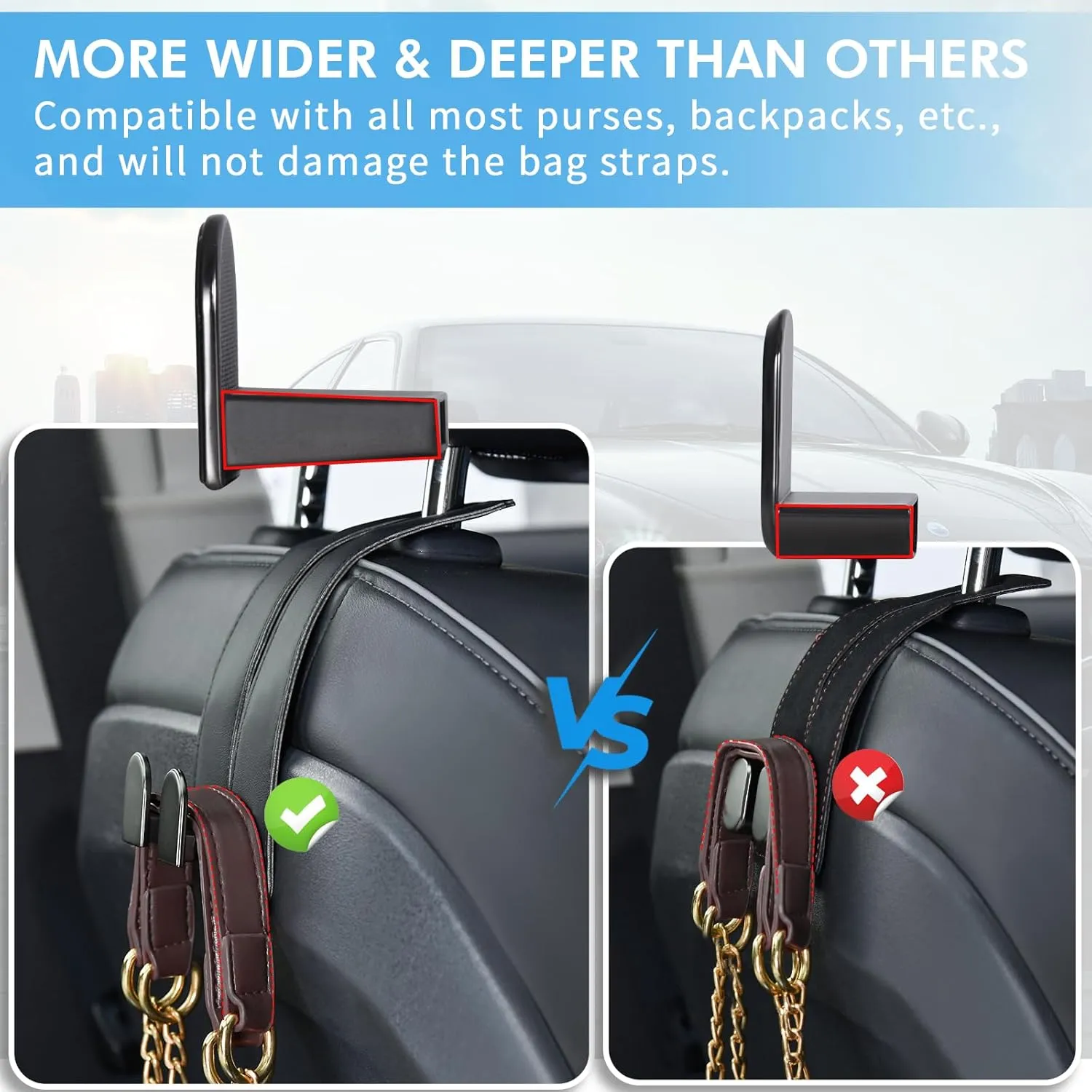 Car Hooks for Headrest, Leather Car Seat Back Storage Organizer Interior Accessories, Auto Seat Hook Hangers for Purse Umbrellas Handbag Clothes Coats Grocery Bags (Black-4 Pack)