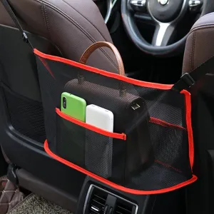 Car Net Pocket Handbag Holder Between Seats Back Storage Organizer Purse Holder for Console Front Seat Storage Barrier (Red)