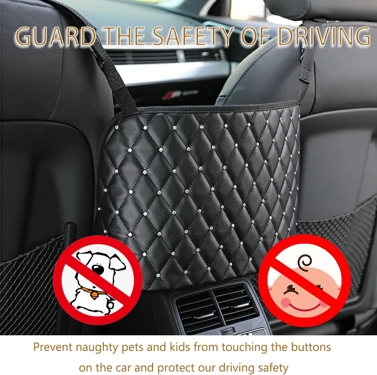Car Net Pocket Handbag Holder with Diamond, Bling Driver Storage Netting Pouch, Handbag Holder Front Seat Storage, Barrier of Backseat Pet Kids, Car Purse Storage & Pocket (Black with Diamond)