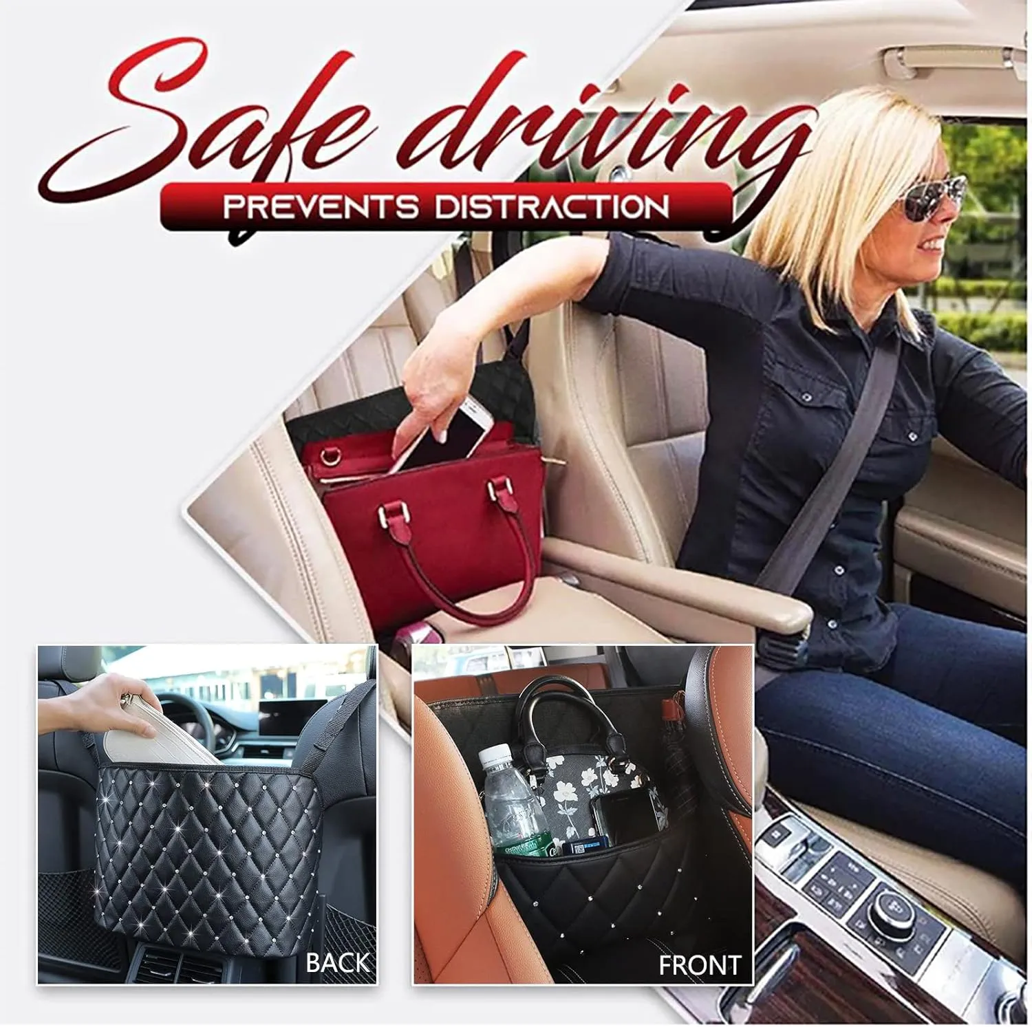 Car Net Pocket Handbag Holder with Diamond, Bling Driver Storage Netting Pouch, Handbag Holder Front Seat Storage, Barrier of Backseat Pet Kids, Car Purse Storage & Pocket (Black with Diamond)