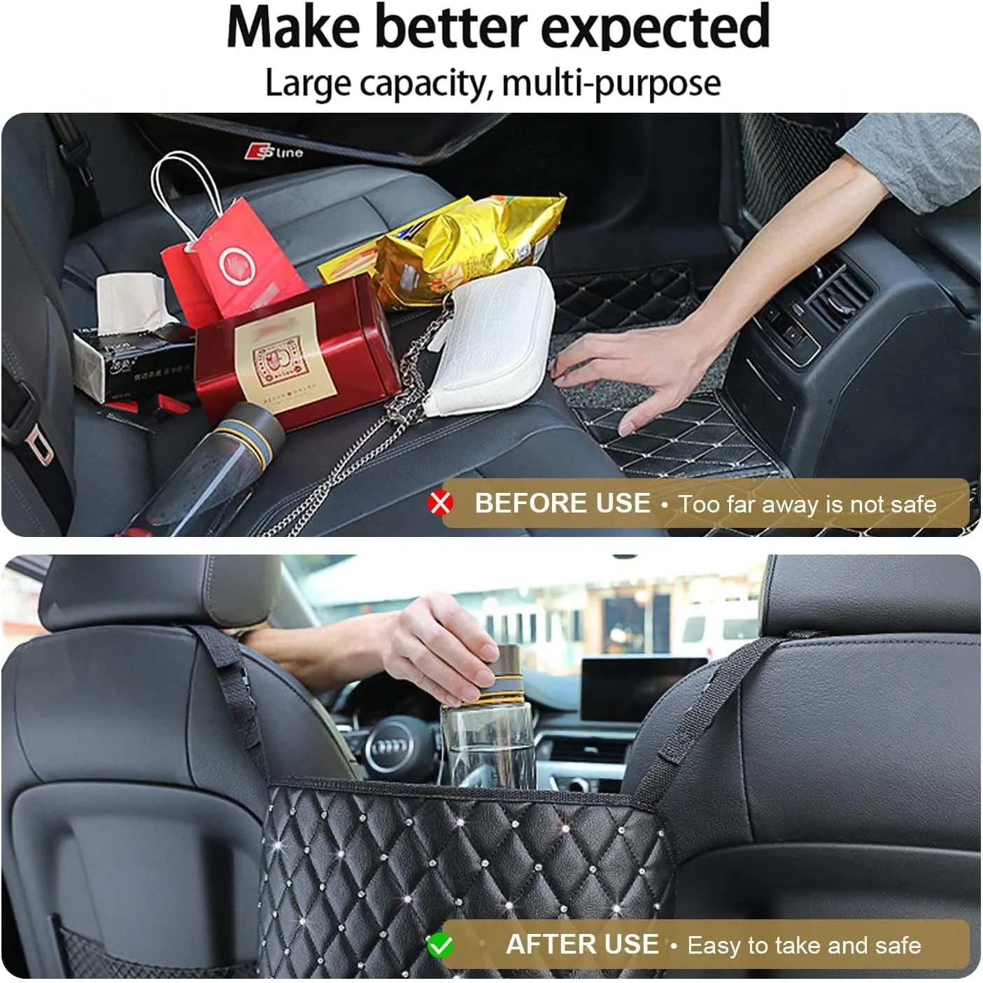 Car Net Pocket Handbag Holder with Diamond, Bling Driver Storage Netting Pouch, Handbag Holder Front Seat Storage, Barrier of Backseat Pet Kids, Car Purse Storage & Pocket (Black with Diamond)