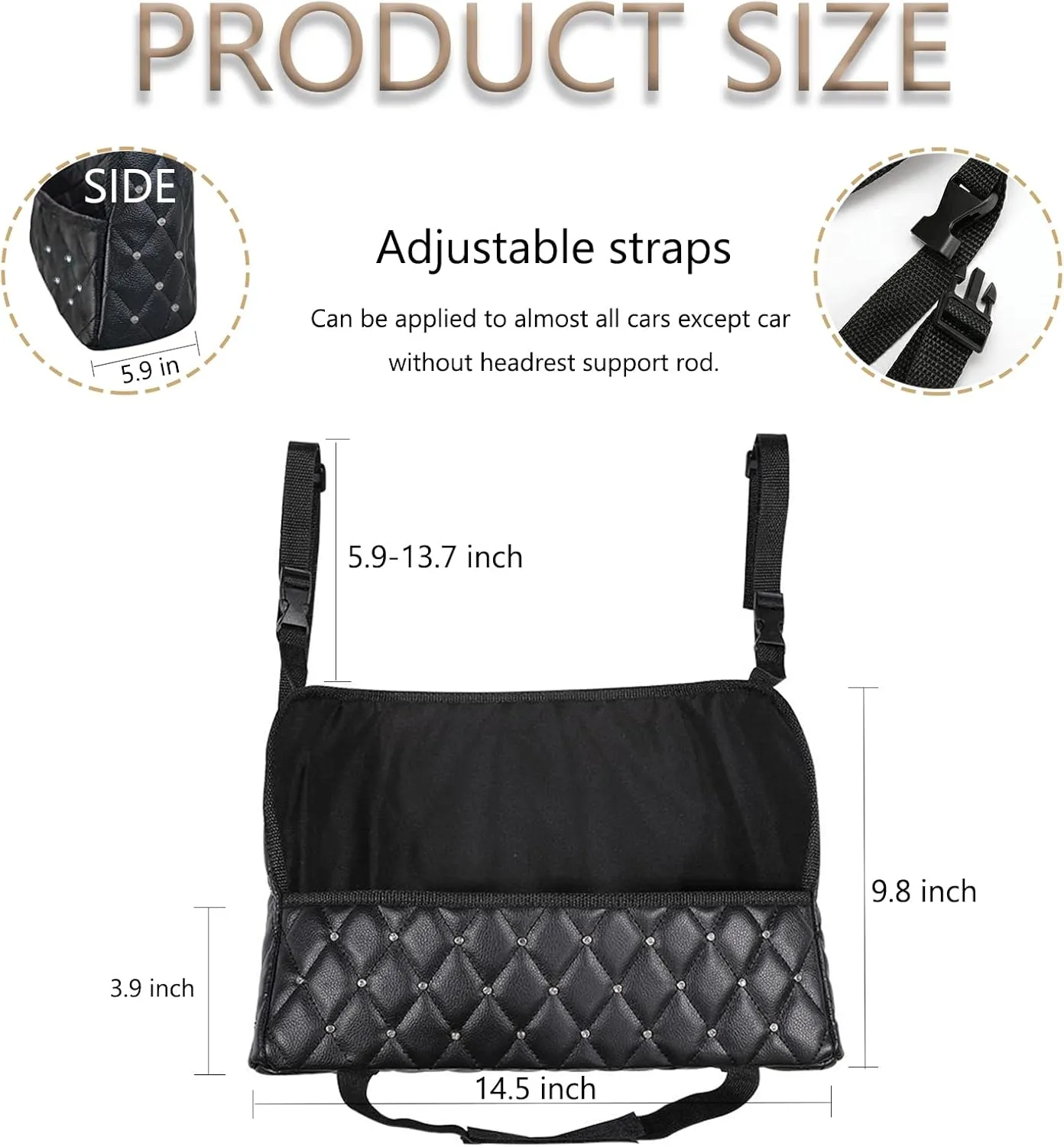 Car Net Pocket Handbag Holder with Diamond, Bling Driver Storage Netting Pouch, Handbag Holder Front Seat Storage, Barrier of Backseat Pet Kids, Car Purse Storage & Pocket (Black with Diamond)