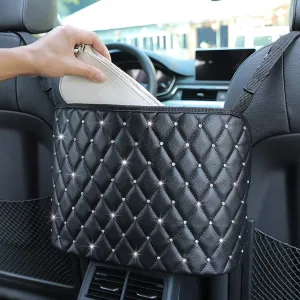 Car Net Pocket Handbag Holder with Diamond, Bling Driver Storage Netting Pouch, Handbag Holder Front Seat Storage, Barrier of Backseat Pet Kids, Car Purse Storage & Pocket (Black with Diamond)