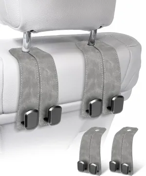 Car Purse Holder Hook, 2PCS Car Hooks for Headrest Luxurious Leather 100% Metal Car Hangers for Seat Multifunctional Car Bag Hook Car Seat Back Storage Hook Accessories (Grey)