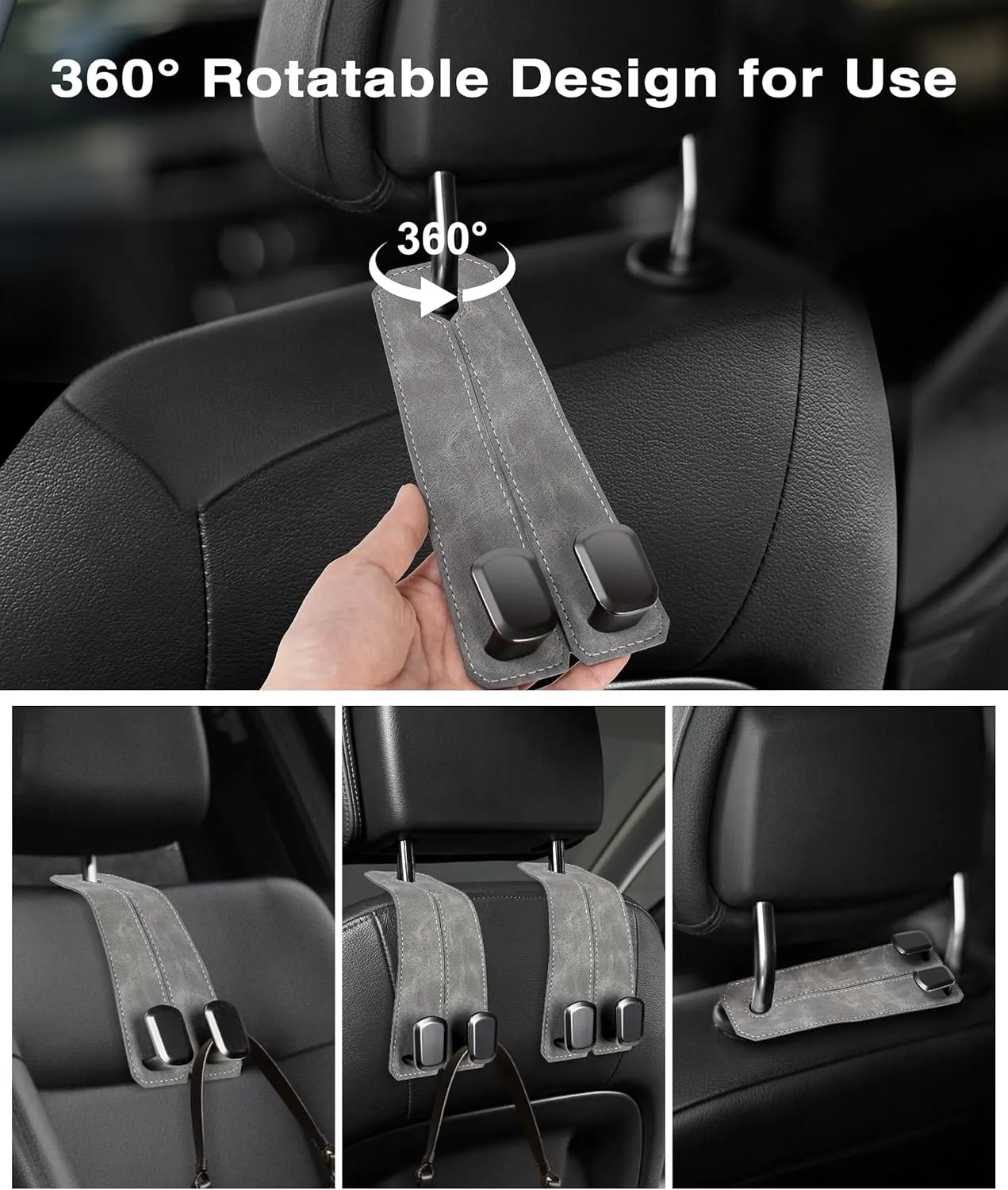 Car Purse Holder Hook, 2PCS Car Hooks for Headrest Luxurious Leather 100% Metal Car Hangers for Seat Multifunctional Car Bag Hook Car Seat Back Storage Hook Accessories (Grey)