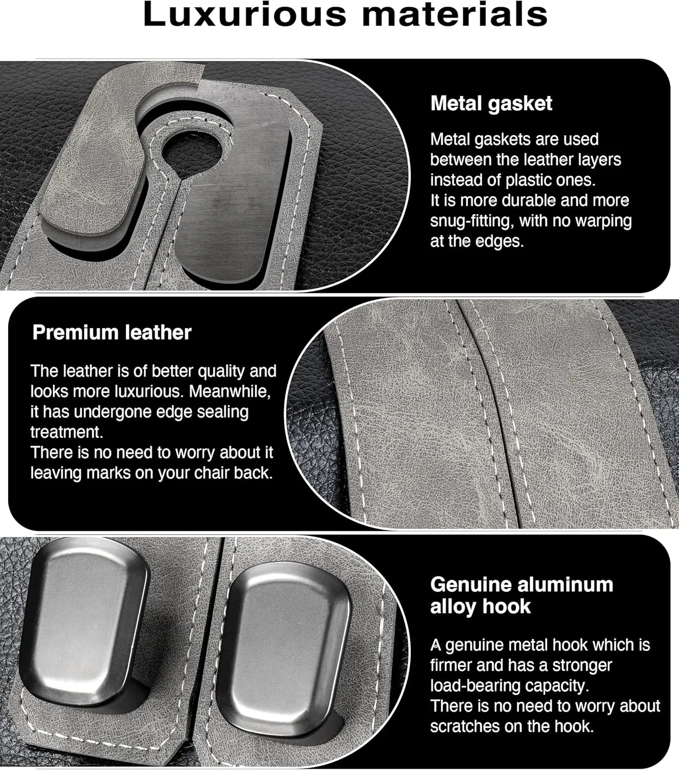 Car Purse Holder Hook, 2PCS Car Hooks for Headrest Luxurious Leather 100% Metal Car Hangers for Seat Multifunctional Car Bag Hook Car Seat Back Storage Hook Accessories (Grey)