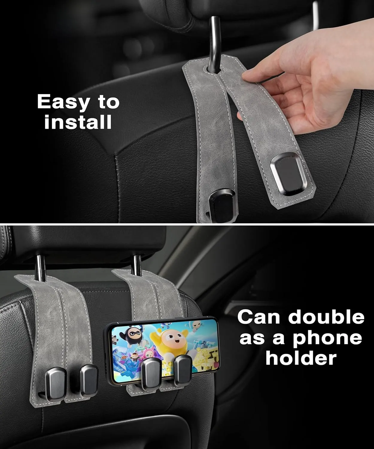 Car Purse Holder Hook, 2PCS Car Hooks for Headrest Luxurious Leather 100% Metal Car Hangers for Seat Multifunctional Car Bag Hook Car Seat Back Storage Hook Accessories (Grey)