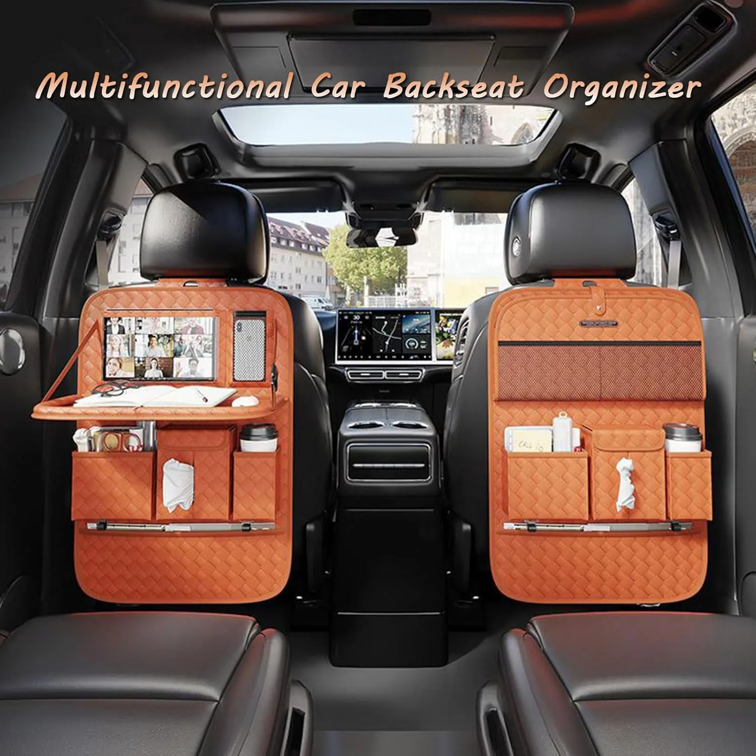 Car Rear Seat Back Storage Bag for Dodge Dakota Charger SRT Hellcat 2017-2023,Storage Pockets with Foldable Tray Protectorsm,Kick Mats Travel Accessories,1pc-B