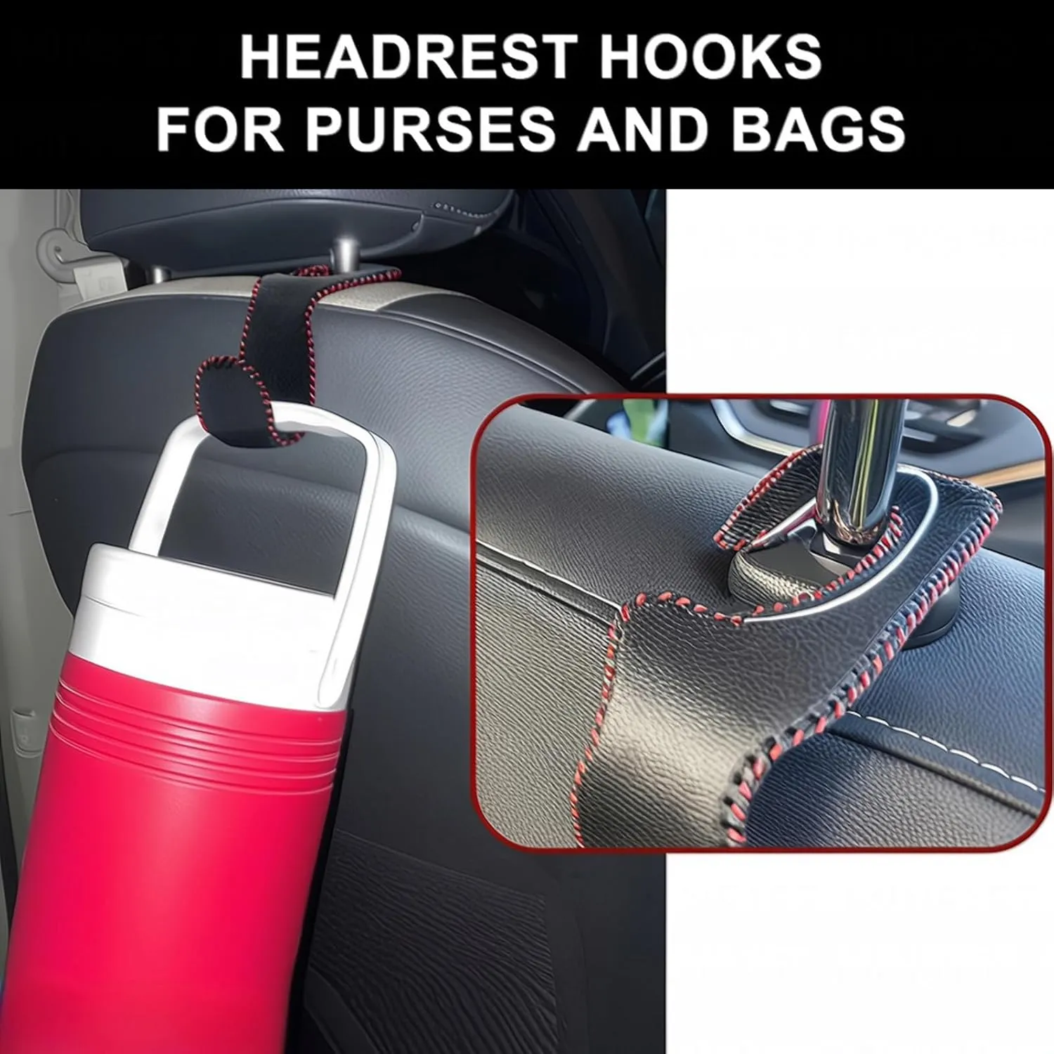 Car Seat Hooks for Purses and Bags, 4 Pack Car Purse Holder for Grocery Bag Handbag Clothes, Metal Headrest Hooks Covered by Leather, Black Red