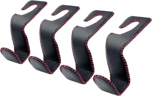 Car Seat Hooks for Purses and Bags, 4 Pack Car Purse Holder for Grocery Bag Handbag Clothes, Metal Headrest Hooks Covered by Leather, Black Red