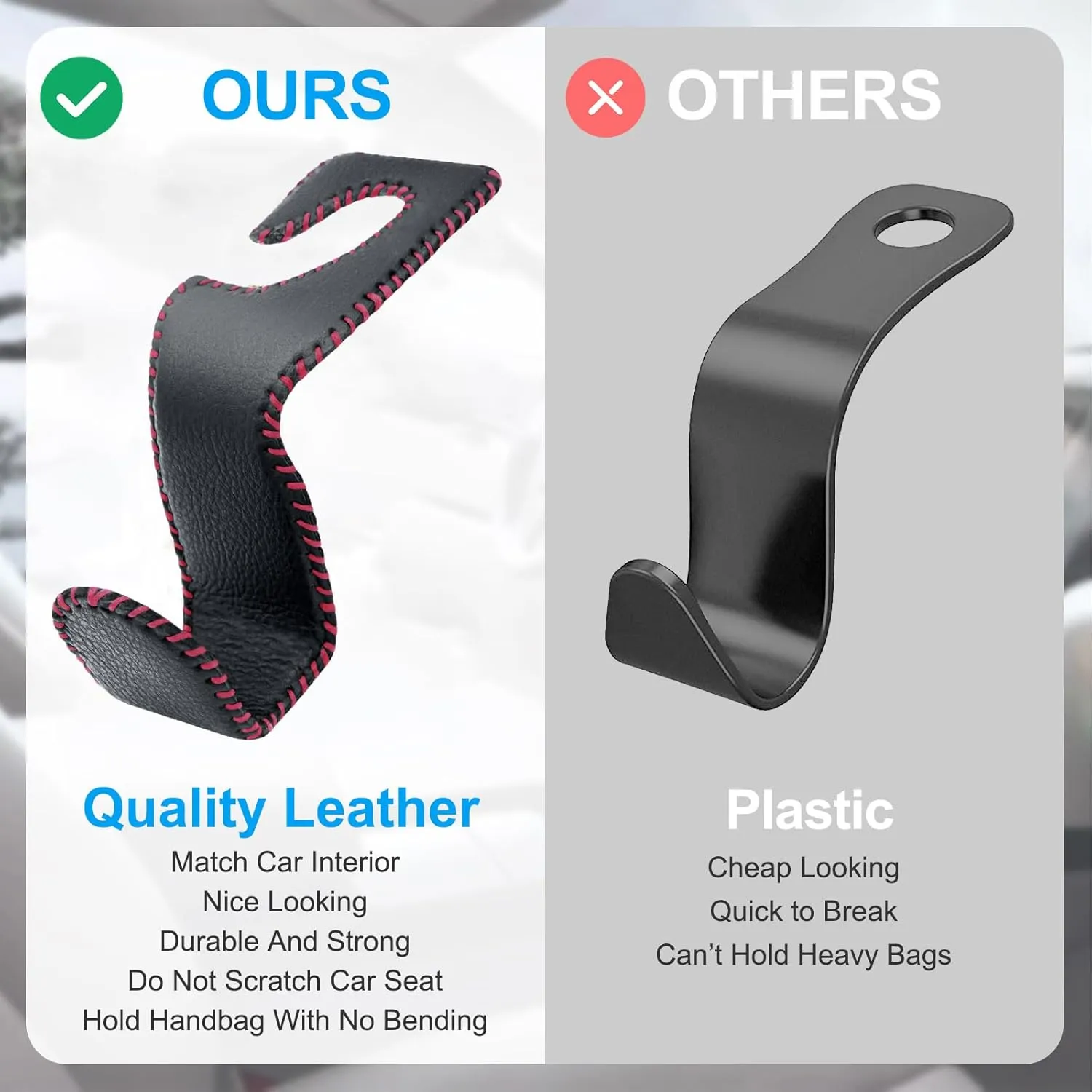 Car Seat Hooks for Purses and Bags, 4 Pack Car Purse Holder for Grocery Bag Handbag Clothes, Metal Headrest Hooks Covered by Leather, Black Red