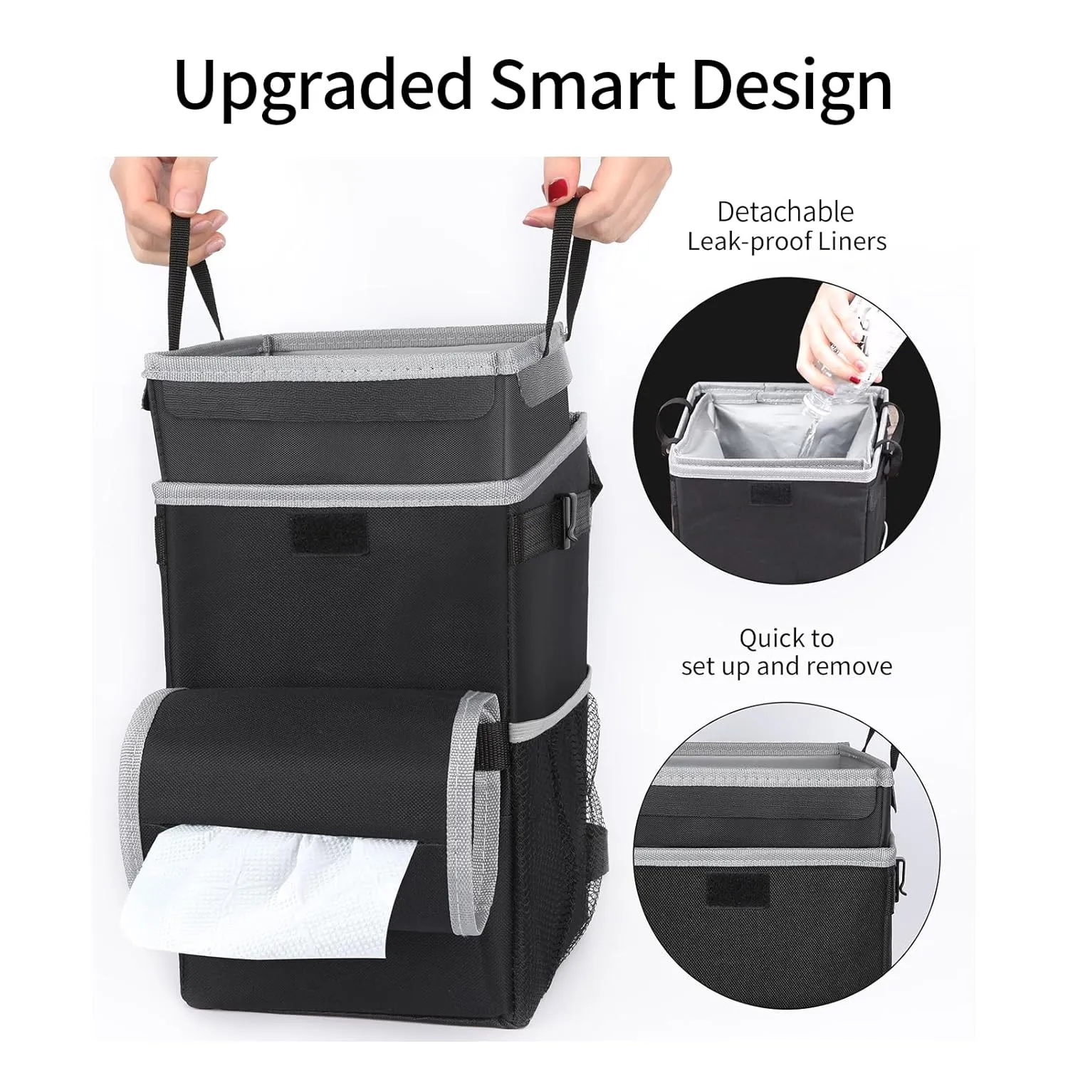 Car Trash Can with Lid – 3.5 Gallons Automotive Garbage Cans with Removable Leak-Proof Liner,Adjustable Tissue Holder & Storage Pockets,Large Capacity Foldable Car Trash Bin(Black)