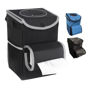 Car Trash Can with Lid – 3.5 Gallons Automotive Garbage Cans with Removable Leak-Proof Liner,Adjustable Tissue Holder & Storage Pockets,Large Capacity Foldable Car Trash Bin(Black)