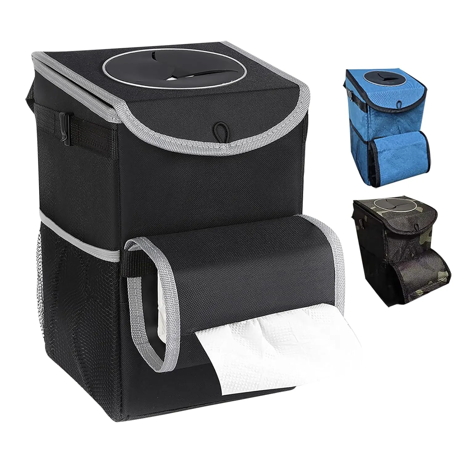 Car Trash Can with Lid – 3.5 Gallons Automotive Garbage Cans with Removable Leak-Proof Liner,Adjustable Tissue Holder & Storage Pockets,Large Capacity Foldable Car Trash Bin(Black)