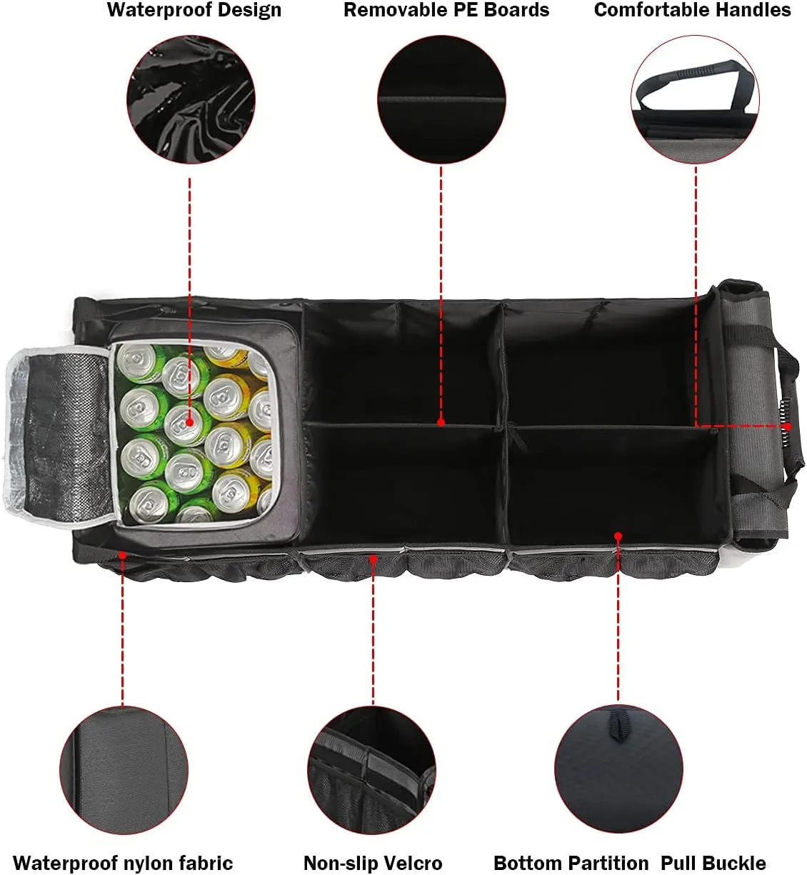 Car Trunk Organizer with Portable Leakproof Cooler Bag,Foldable Cover,Adjustable Securing Straps,Collapsible for Car,SUV,Truck and Other Vehicles(4-in-1 with Cooler)