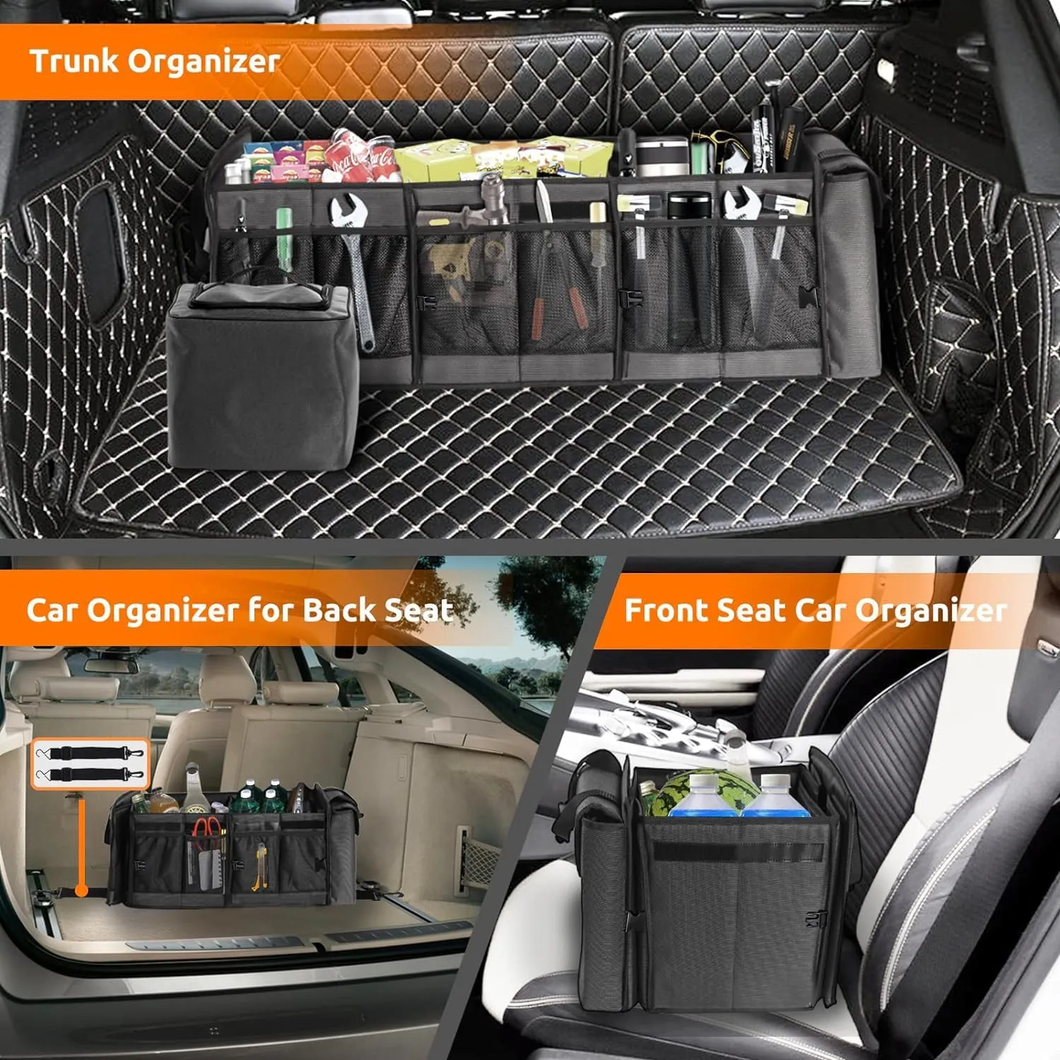 Car Trunk Organizer with Portable Leakproof Cooler Bag,Foldable Cover,Adjustable Securing Straps,Collapsible for Car,SUV,Truck and Other Vehicles(4-in-1 with Cooler)