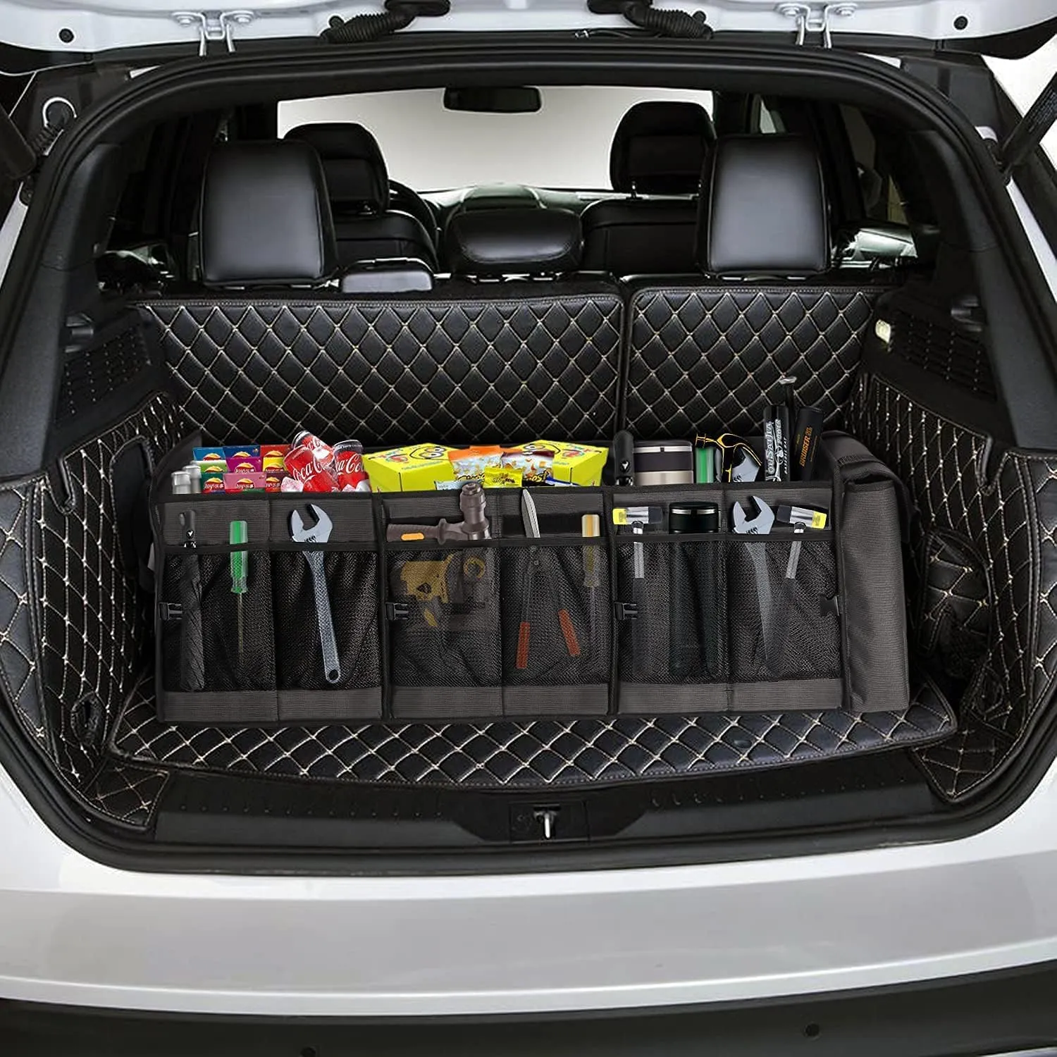 Car Trunk Organizer with Portable Leakproof Cooler Bag,Foldable Cover,Adjustable Securing Straps,Collapsible for Car,SUV,Truck and Other Vehicles(4-in-1 with Cooler)